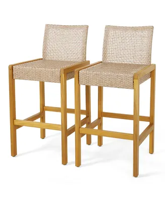 Costway Set of 2 Patio Wood Barstools Rattan Bar Height Chairs with Backrest Porch