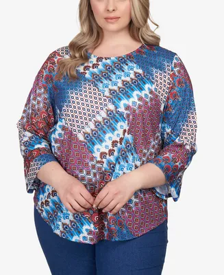 Ruby Rd. Plus Mixed Bohemian Geo Patchwork Top with Bell Sleeves