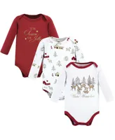 Hudson Baby Girls Cotton Long-Sleeve Bodysuits Holiday Village, 3-Pack