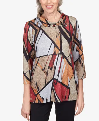 Alfred Dunner Petite Park Place Abstract Patchwork Cowl Neck Top