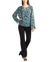 Bcx Women's Floral-Print Smocked-Shoulder Keyhole Top