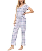 Echo Women's 2 Piece Printed Short Sleeve Henley Top with Wide Pants Pajama Set