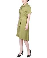 Ny Collection Petite Short Sleeve Belted Utility Style Dress