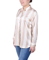 Ny Collection Petite Long Sleeve Striped Satin Blouse