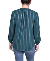 Ny Collection Petite Long Sleeve Foil Striped Blouse