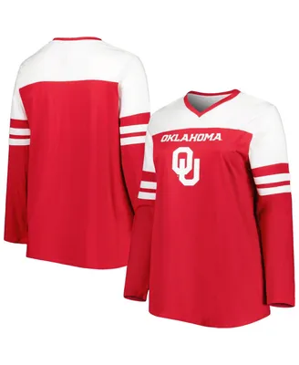 Women's Crimson Oklahoma Sooners Plus Size Long Sleeve Stripe V-Neck T-shirt