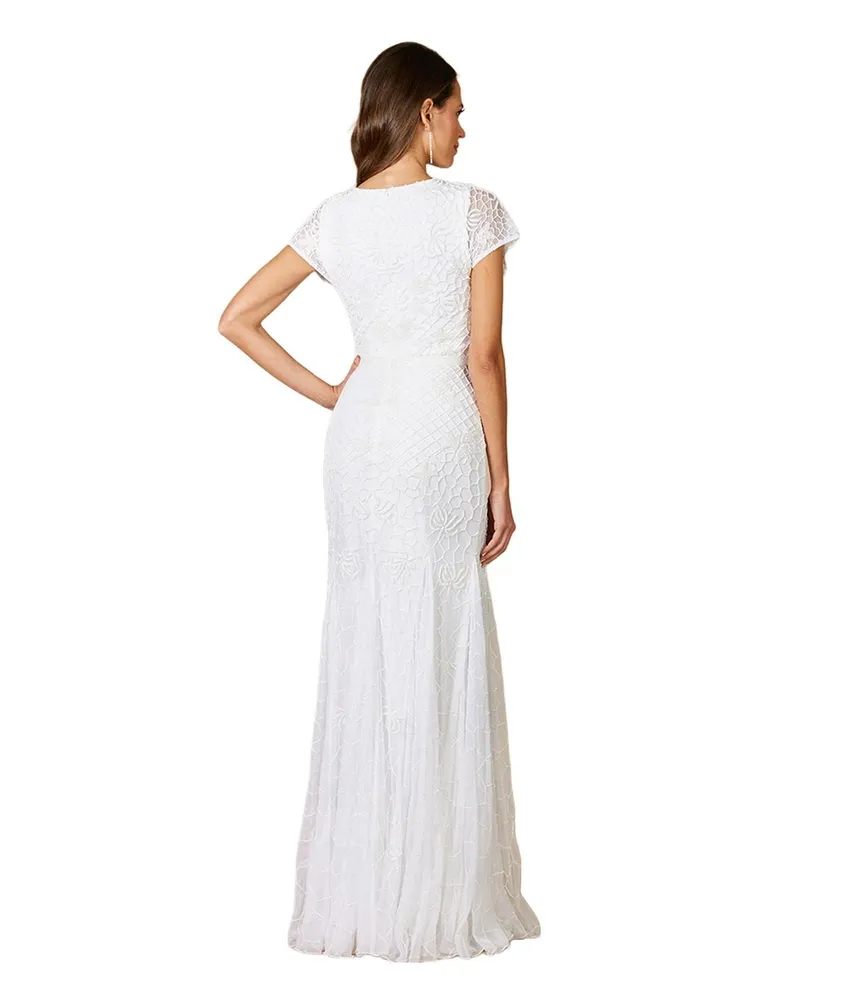 Watters January Plunge-Neckline Beaded Tulle Wedding Gown