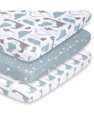 The Peanutshell Pack n Play, Mini Crib, Portable Crib or Fitted Playard Sheets for Baby Boy, Blue Dino, 3 Pack Set