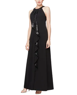 Sl Fashions Petite Sequin-Trim Long Halter-Neck Dress