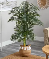 Nearly Natural 60" Artificial Double Stalk Cane Palm Tree with Handmade Woven Cotton Basket