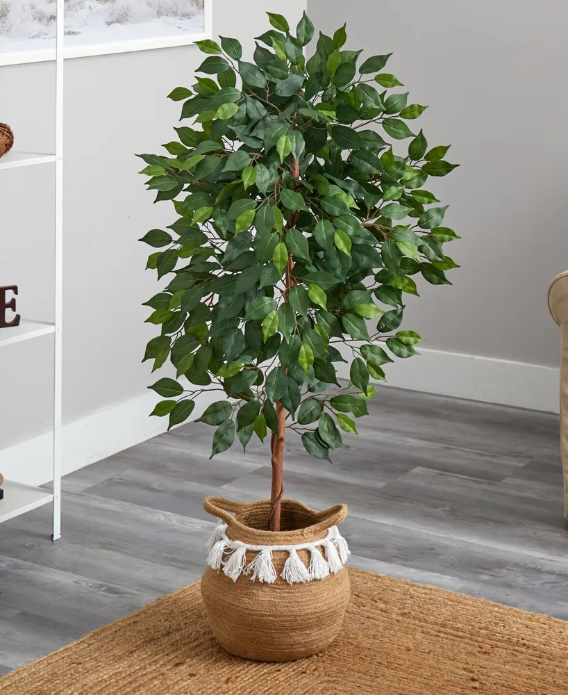 Nearly Natural 48" Artificial Ficus Tree with Handmade Jute Cotton Basket with Tassels