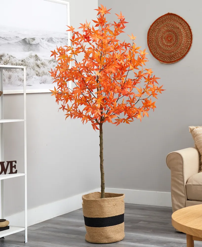 Nearly Natural 72" Artificial Autumn Maple Tree with Handmade Jute Cotton Basket