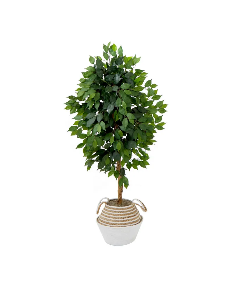 Nearly Natural 54" Artificial Ficus Tree with Double Trunk in Handmade Cotton Jute Basket Diy Kit