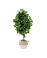 Nearly Natural 54" Artificial Ficus Tree with Double Trunk in Handmade Cotton Jute Basket Diy Kit