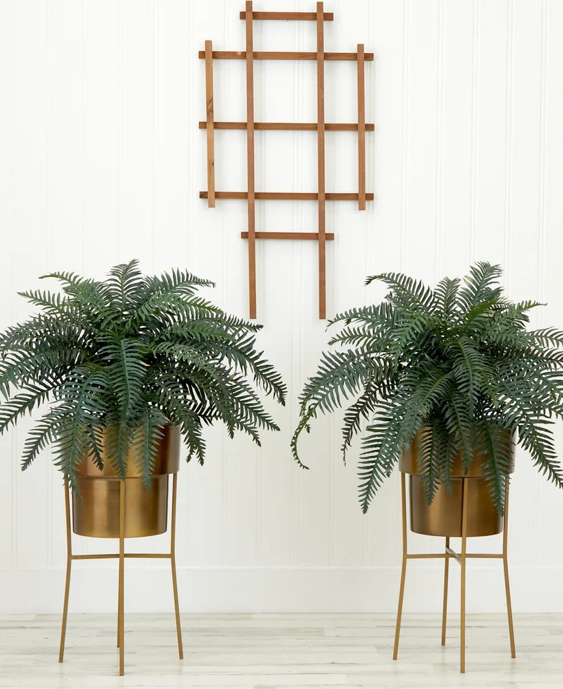 Nearly Natural 34" Artificial River Fern Plant in Metal Planter with Stand Diy Kit Set of 2
