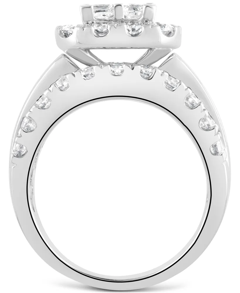 Diamond Princess Shaped Cluster Halo Triple Row Engagement Ring (4 ct. t.w.) in 14k White Gold