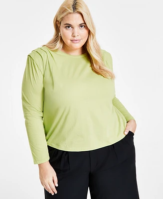 Bar Iii Plus Cotton Round-Neck Pleat-Shoulder T-Shirt, Created for Macy's