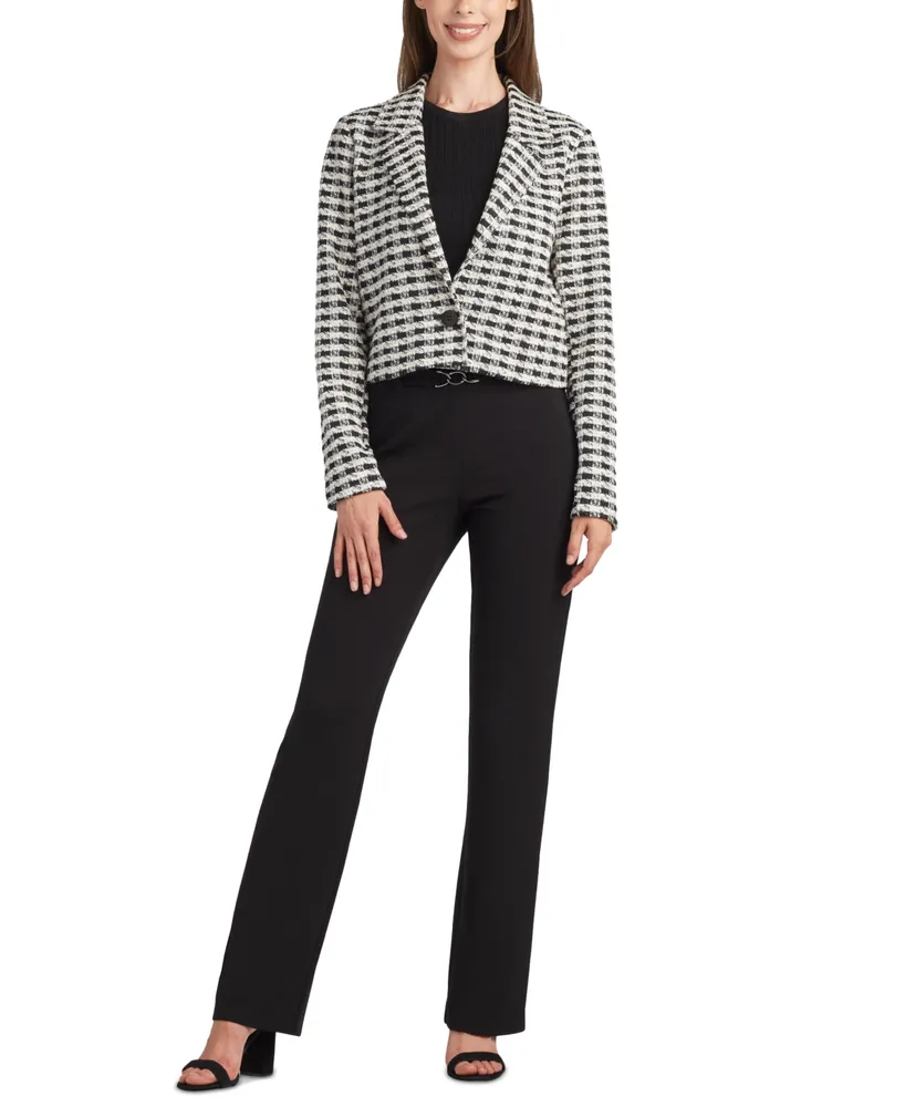 Bcx Juniors' Textured Check One-Button Cropped Jacket