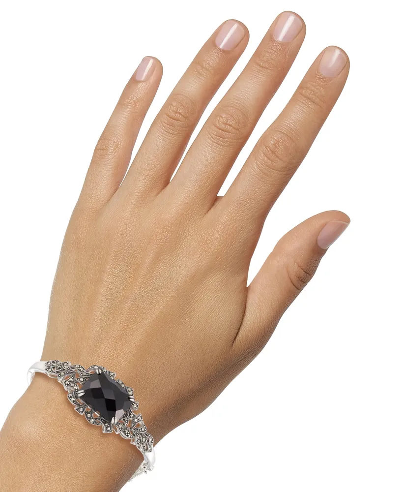 Marcasite and Faceted Onyx Square Bangle in Sterling Silver