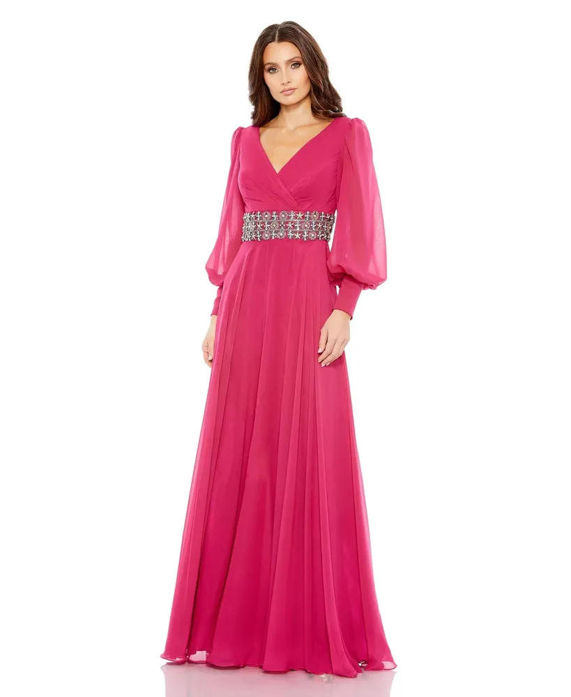 Women's Bishop Sleeve Wrap Over Belt Detail Flowy Gown