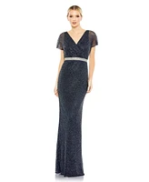 Women's Beaded Butterfly Sleeve Column Gown