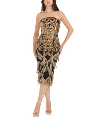 Dress the Population Women's Viviana Sequined Fringe Dress - Gold