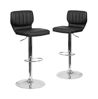 Set Of Two Swivel Bar Stools With Vertical Stitched Back And Adjustable Chrome Base Footrest