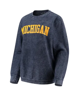 Women's Pressbox Navy Distressed Michigan Wolverines Comfy Cord Vintage-Like Wash Basic Arch Pullover Sweatshirt