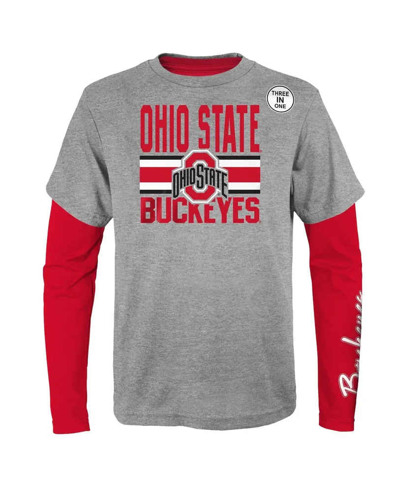 Preschool Boys and Girls Scarlet, Heather Gray Ohio State Buckeyes Fan Wave Short and Long Sleeve T-shirt Combo Pack