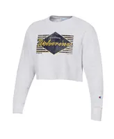 Women's Champion Heather Gray Distressed Michigan Wolverines Reverse Weave Cropped Pullover Sweatshirt