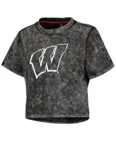 Women's Black Distressed Wisconsin Badgers Vintage-Like Wash Milky Silk Cropped T-shirt