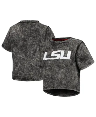 Women's Black Distressed Lsu Tigers Vintage-Like Wash Milky Silk Cropped T-shirt