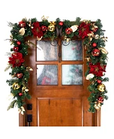 Village Lighting Company 9' Artificial Christmas Garland with Lights, Golden-Tone Leaf Red Magnolia