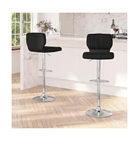 Set Of Two Swivel Bar Stools With Vertical Stitched Back And Adjustable Chrome Base Footrest