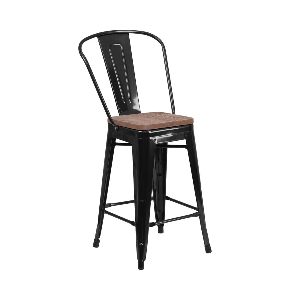 Merrick Lane Donnelly Metal Dining Stool With Curved Slatted Back And Textured Wood Seat