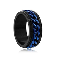 Metallo Stainless Steel Blue Cuban Link Ring - Black Plated