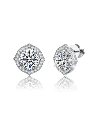 Stella Valentino Sterling Silver White Gold Plated with 2.34ctw Lab Created Moissanite Round Geometric Halo Stud Earrings