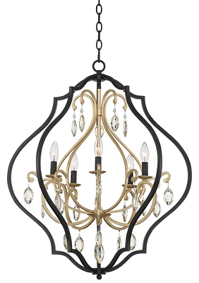 Barnes and Ivy Clara Black Soft Gold Iron Pendant Chandelier 26 1/2" Wide French Amber Crystal 5-Light Fixture for Dining Room House Home Foyer Entryw