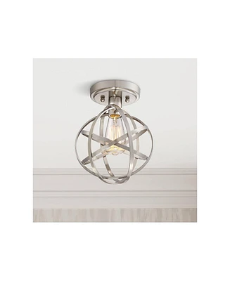 Franklin Iron Works Industrial Atom Modern Close To Ceiling Light Semi Flush Mount Fixture 8" Wide Led Brushed Nickel Geometric Cage Shade Bedroom Hal