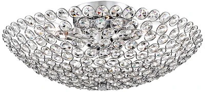 Possini Euro Design Geneva Luxury Close To Ceiling Light Flush Mount Fixture 16" Wide Chrome Clear Crystal Glass Beads Bowl Shade for Bedroom Hallway