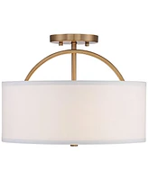 Possini Euro Design Halsted Modern Industrial Close To Ceiling Light Semi Flush Mount Fixture 15" Wide Warm Brass Gold White Linen Drum Shade for Bedr