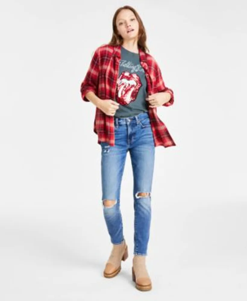 Lucky Brand Womens Cotton Rolling Stones Boyfriend Tee Cloud Plaid Boyfriend Shirt Ava Mid Rise Ripped Skinny Jeans