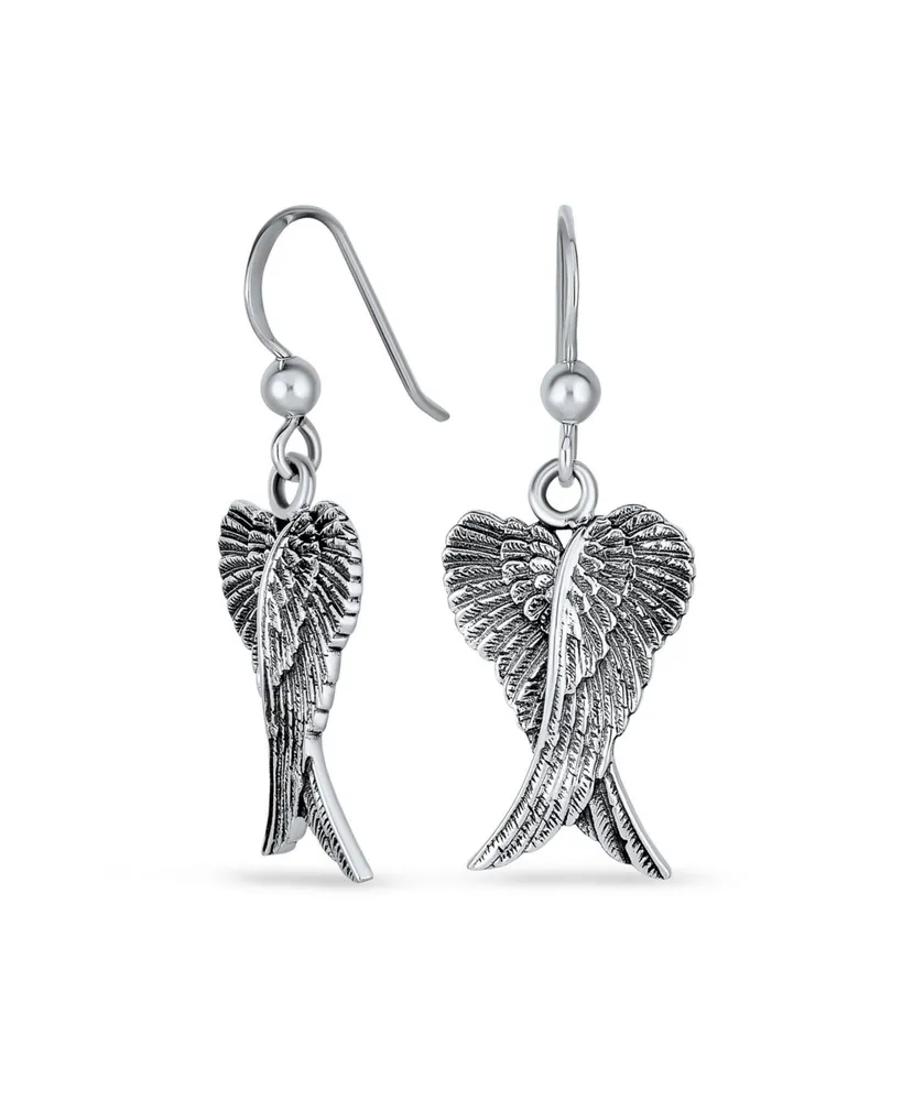 Spiritual Guardian Angel Wings Feather Dangle Earrings For Women For Teen Oxidized .925 Sterling Silver Fish Hook