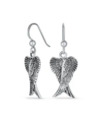 Bling Jewelry Spiritual Amulet Feather Heart Shaped Guardian Angel Wings Dangle Earrings For Women Teens Oxidized .925 Sterling Silver Fish Hook