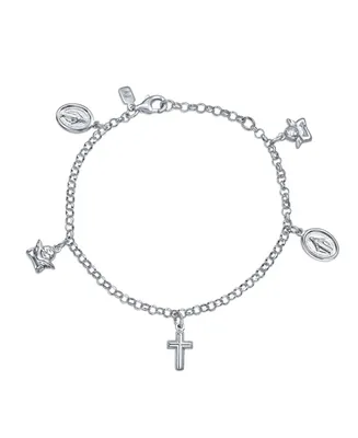 Protection Religious Medal Multi Virgin Mary Cross Angels Dangle Charm Bracelet For Women For Teen .925 Sterling Silver