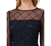 Papell Studio Women's Embellished Illusion Long-Sleeve Dress