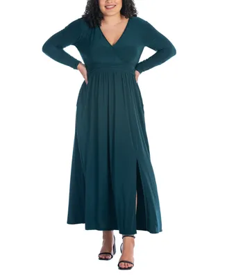 24seven Comfort Apparel Plus Long Sleeve V-neck Maxi Dress