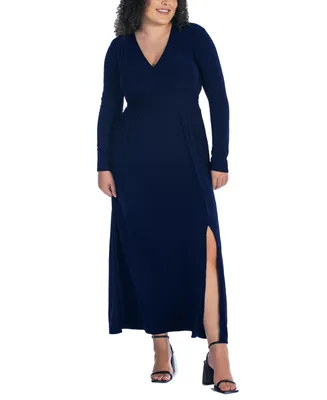24seven Comfort Apparel Plus Long Sleeve Pleated Maxi Dress