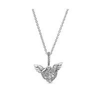Pandora Moment Sterling Silver Pave Cubic Zirconia Heart And Angel Wings Necklace