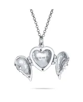 Bling Jewelry Dome Small Dome Protection Guardian Angel Wing Feathered Heart Shaped Keepsake Locket Holds Photos Pictures .925 Silver Necklace Pendant